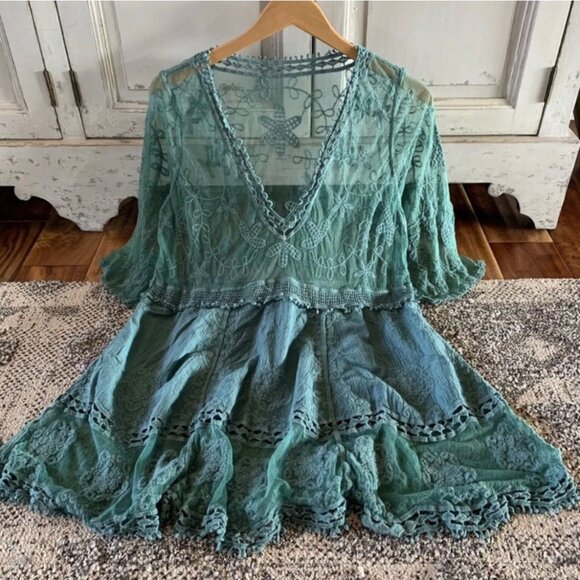 Lace Blouse V-Neck Turquoise Handmade Boho Women's Clothing Top - Picture 3 of 8
